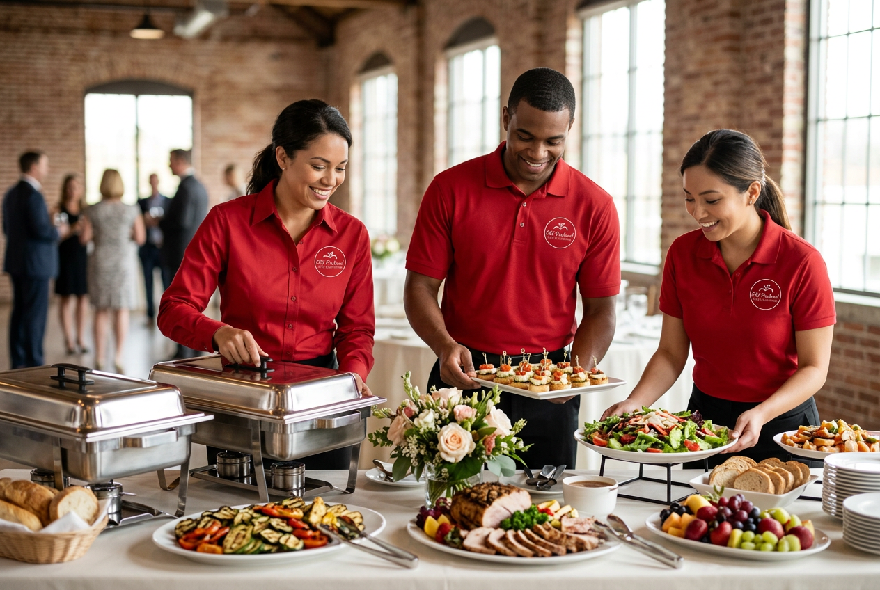 Old Orchard Cafe & Catering staff in red polos with the Old Orchard logo setting up a catered buffet at a Sioux Falls event